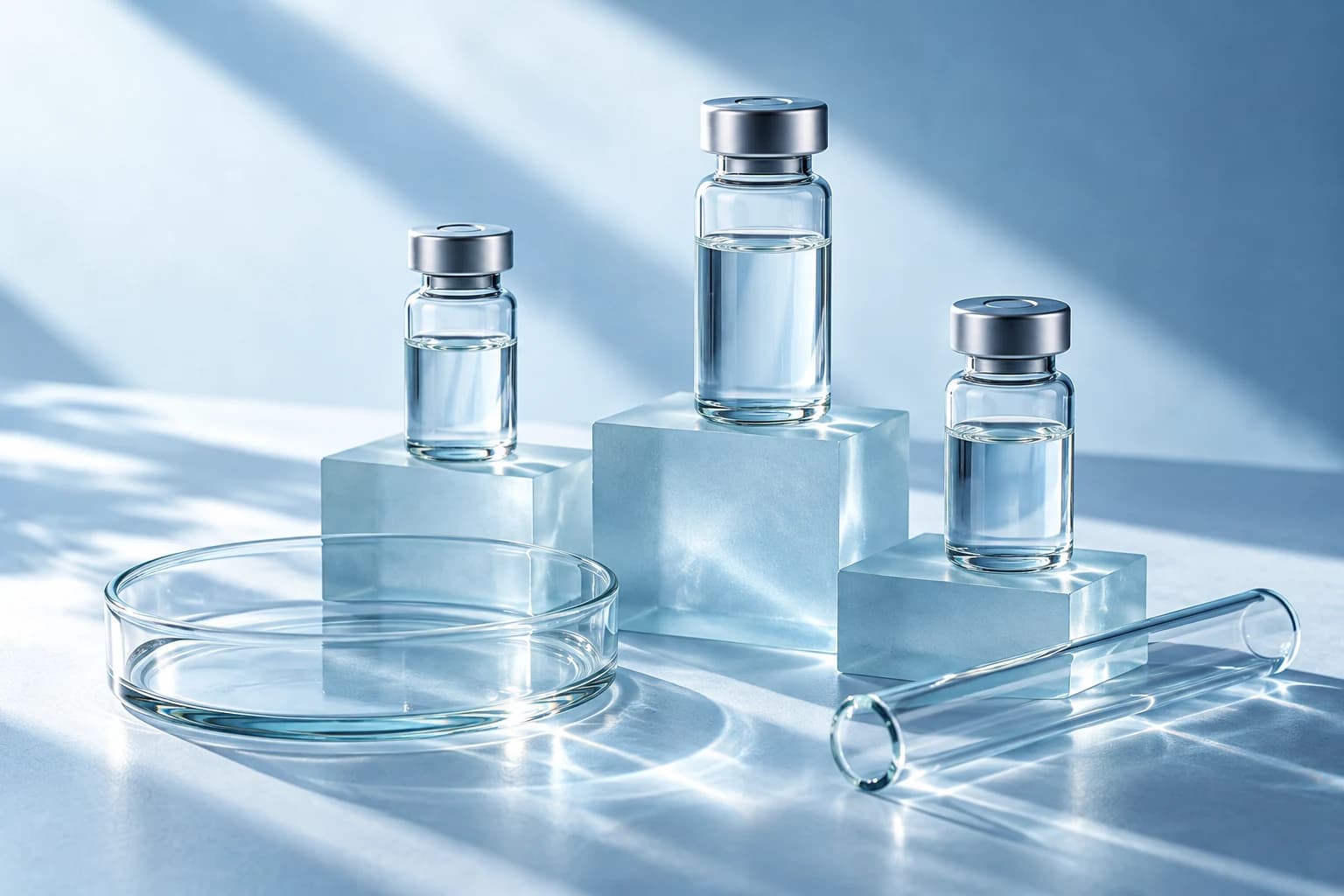 Conceptual laboratory still life with glass vials on blue glass platforms
